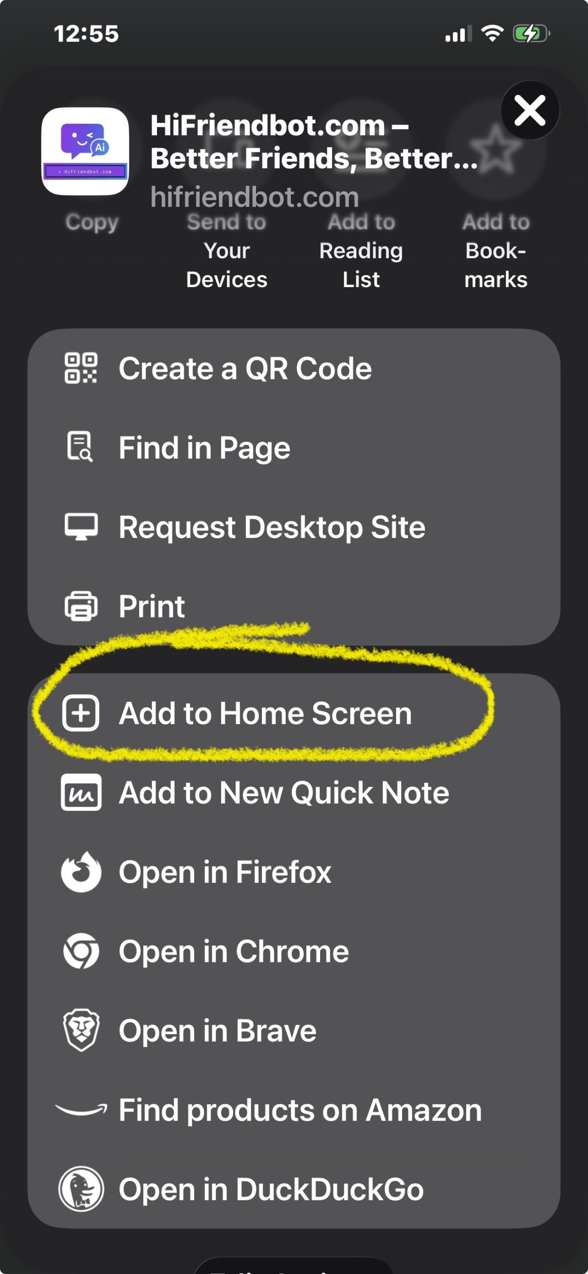 Add to Home Screen option on iPhone