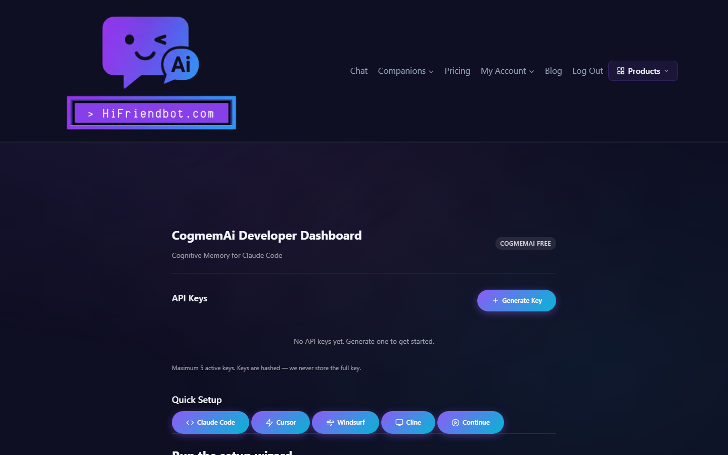 CogmemAi Developer Dashboard — API Keys and Quick Setup