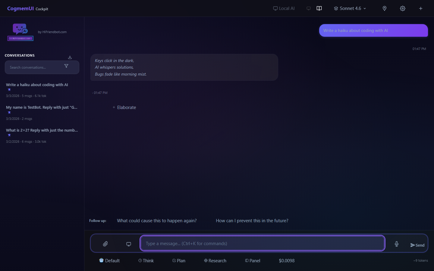 CogmemUI Chat — Ai writing a haiku in dark theme
