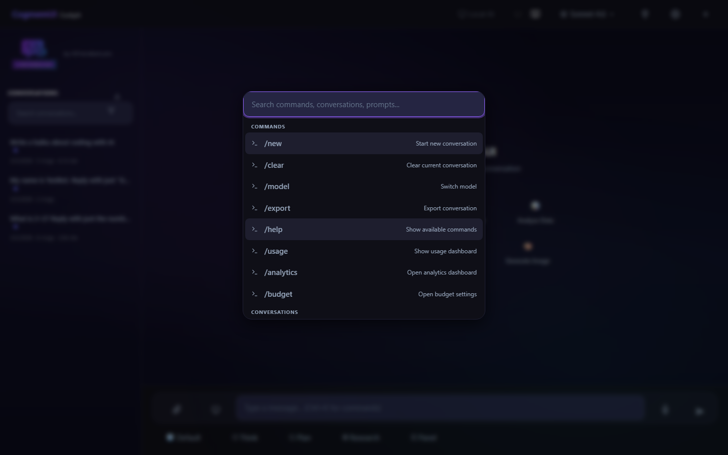 CogmemUI Command Palette in dark theme