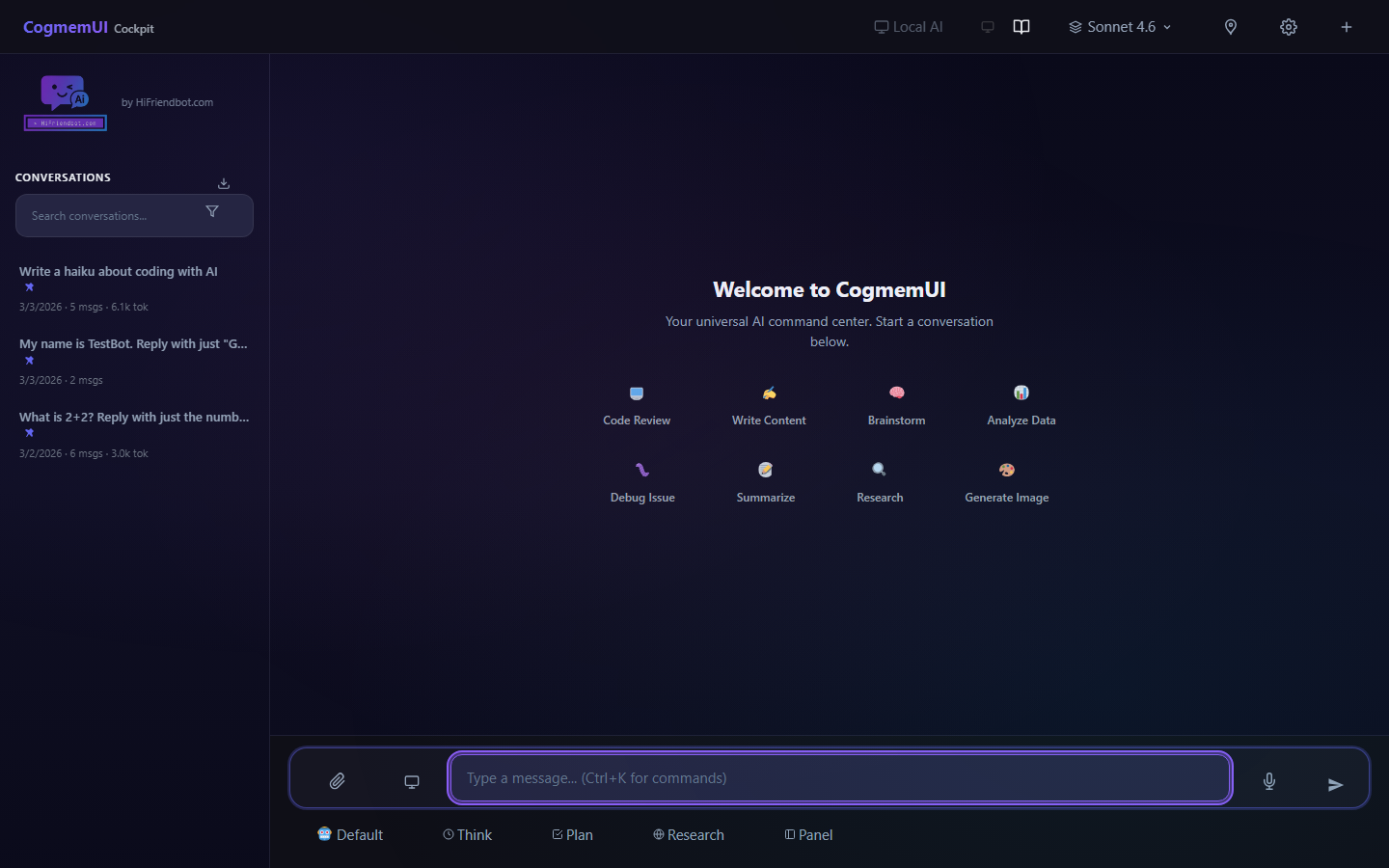 CogmemUI — Welcome screen with 14 Ai models