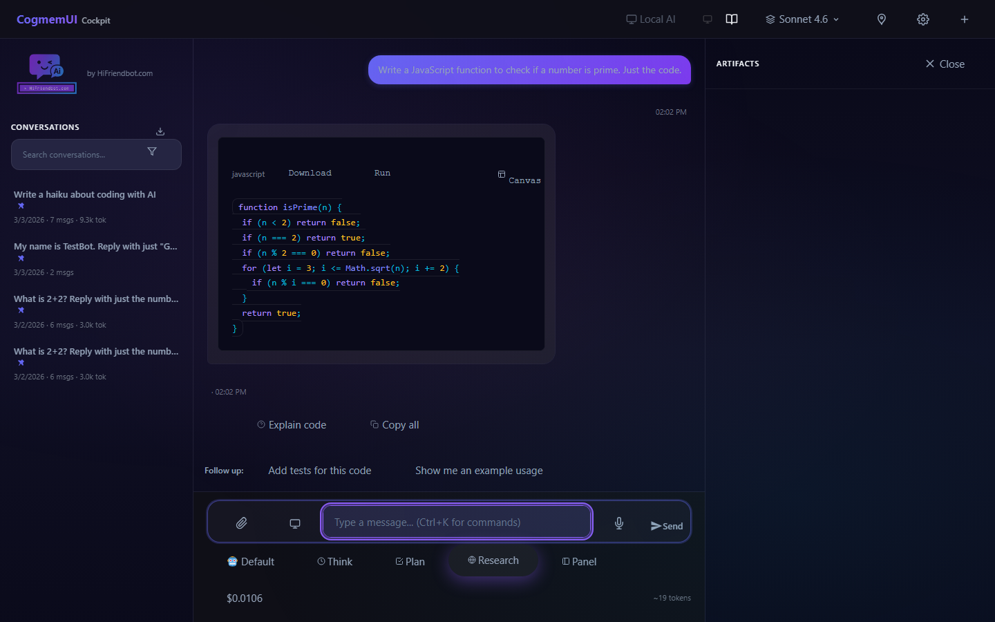 CogmemUI code generation with syntax highlighting and Artifacts panel