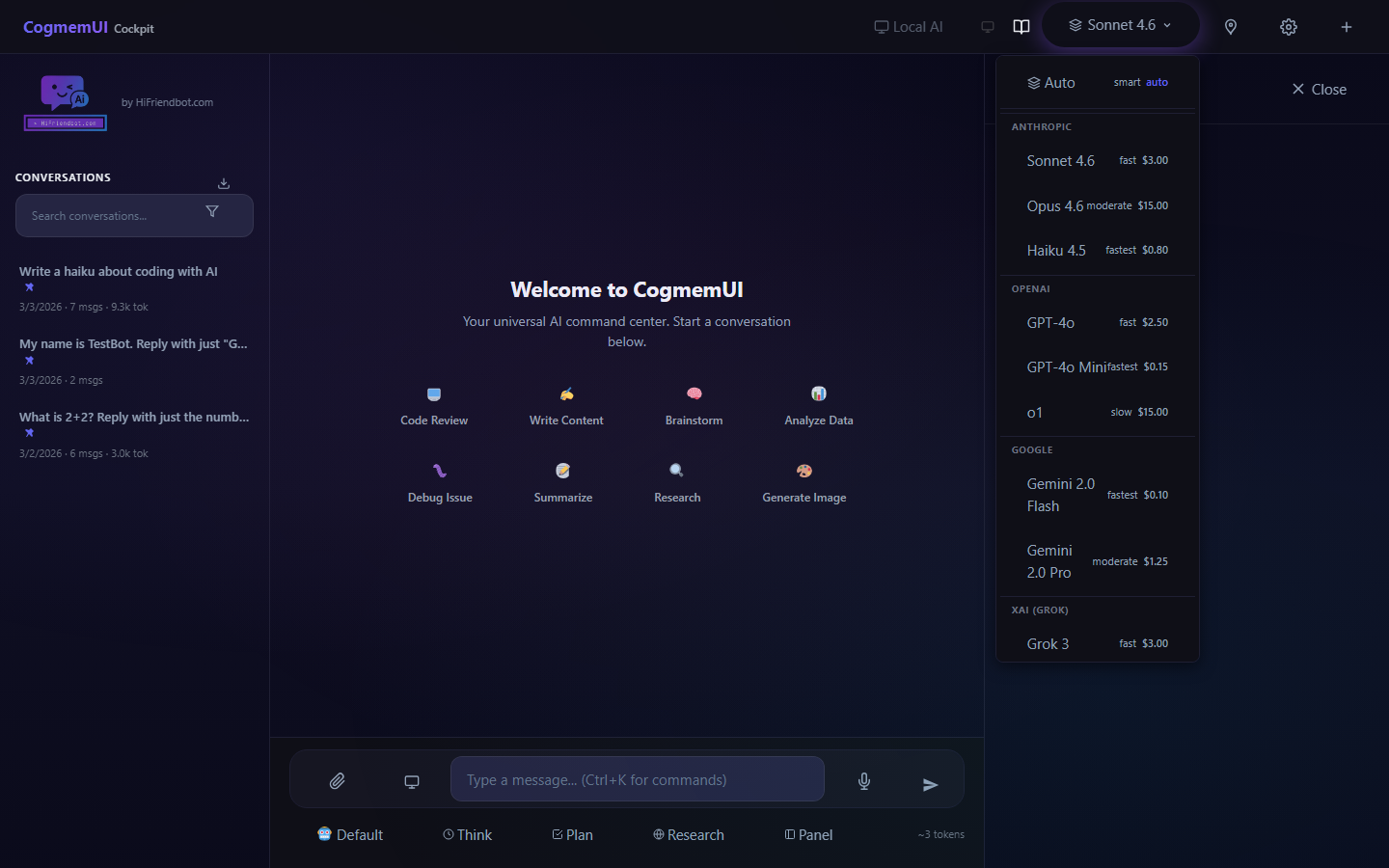 CogmemUI model selector dropdown with all providers