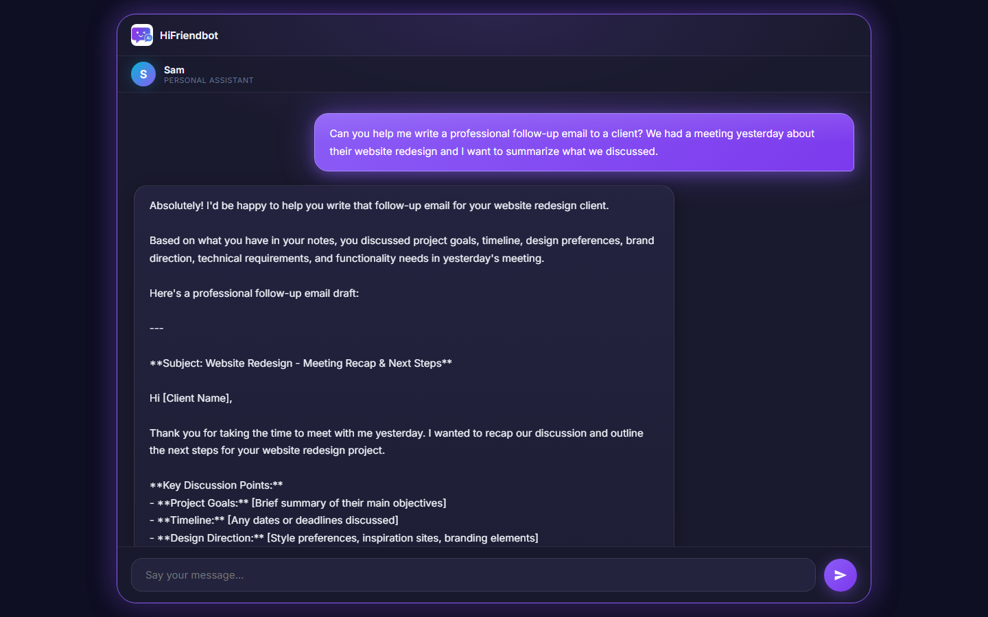 Sam drafting a professional follow-up email to a client