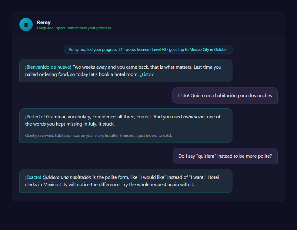 Remy the AI language teacher resuming a Spanish lesson using remembered progress